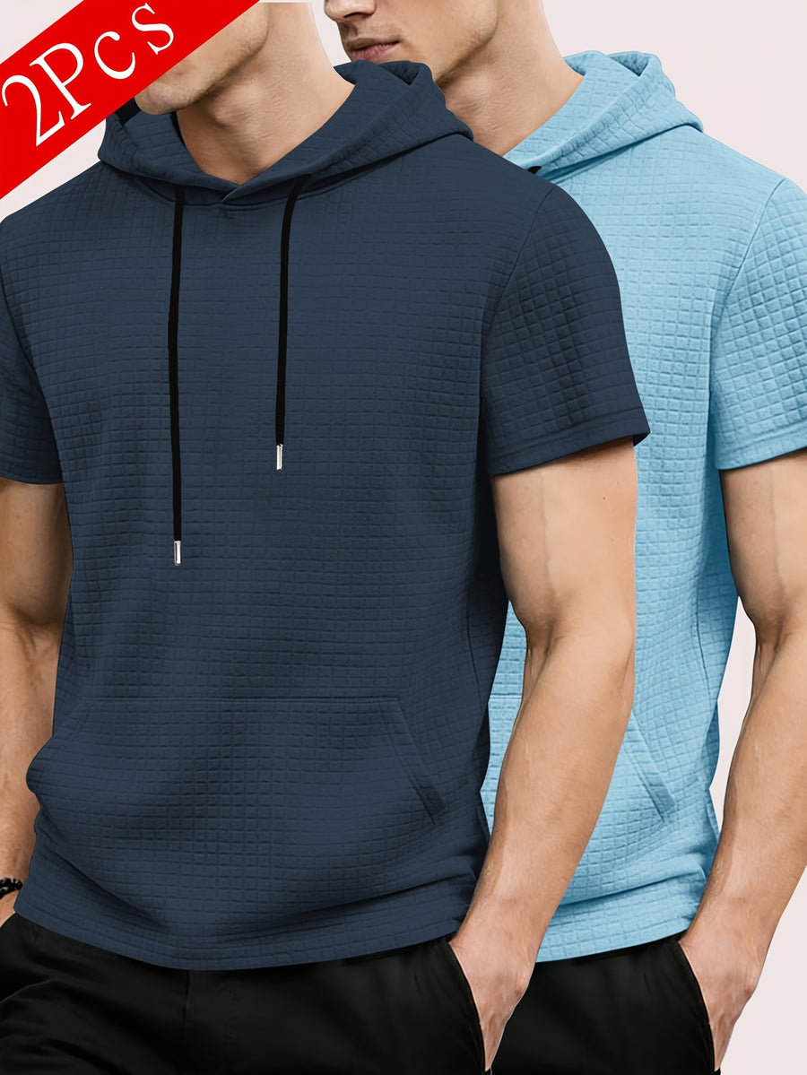 2pcs Men's Waffle Knit Short-Sleeve Hoodie with Kangaroo Pocket, Soft and Breathable Fabric, Multiple Color Options, Versatile, Simple, Stylish, and Casual for Daily Wear or Sports, a Great Choice for Holiday Gifts for Fathers, Partners, and Friends - Navy Blue+Sky Blue