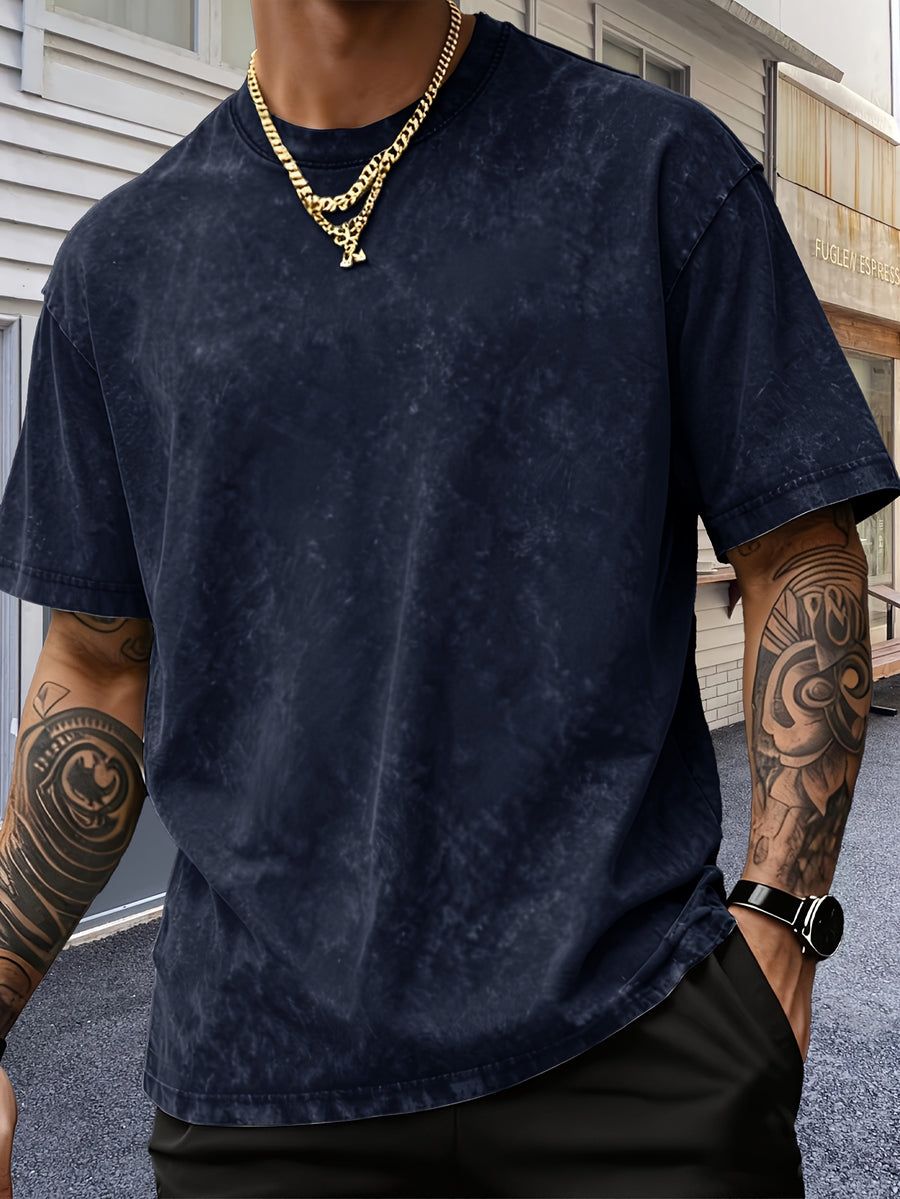 Men'S Heavyweight Short Sleeve Washed Distressed Fashion T-Shirt, Skin-Friendly And Breathable, Vintage Compass Eagle Arrow Geometric Line Print, Western High Street Hip-Hop Street Style, Pure Skin-Friendly Non-Sheer Material - Navy Color
