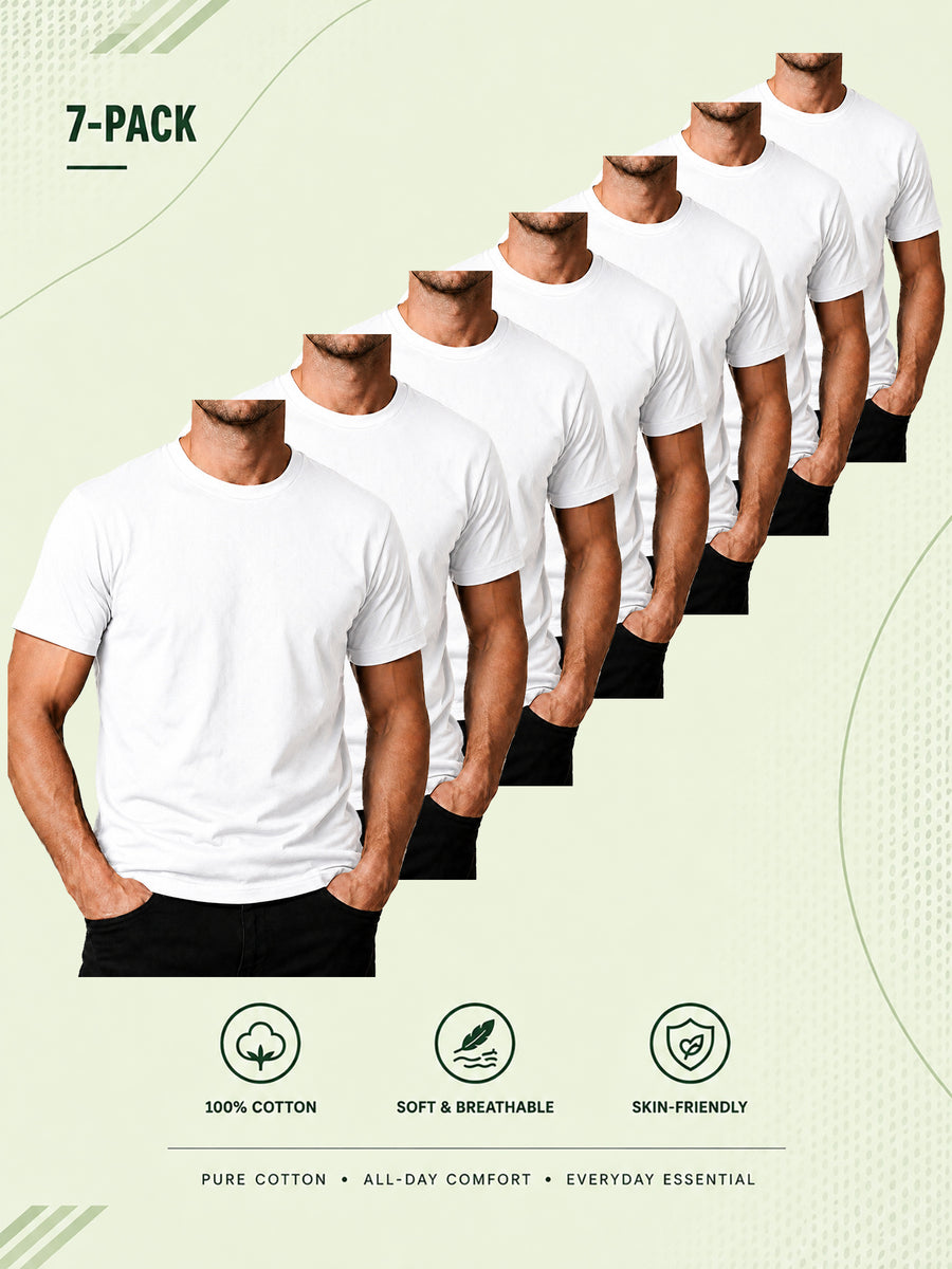 7pcs Men's Pure Cotton Short-sleeved T-shirts, Available in Black and White, Featuring Pure Color, Round Neck, Lightweight, Comfortable, Washable, and Breathable Tops, Suitable for Daily Casual Wear, Sports, Outdoor Hiking, and Work Attire - White 7pcs