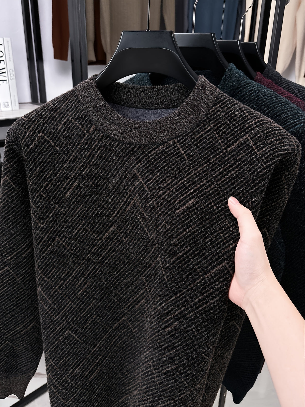 Men'S Semi-High Neck Sweater Autumn Winter Fleece Thick Warm Knitwear Middle-Aged Jacquard Pullover Base Layer - Coffee Color
