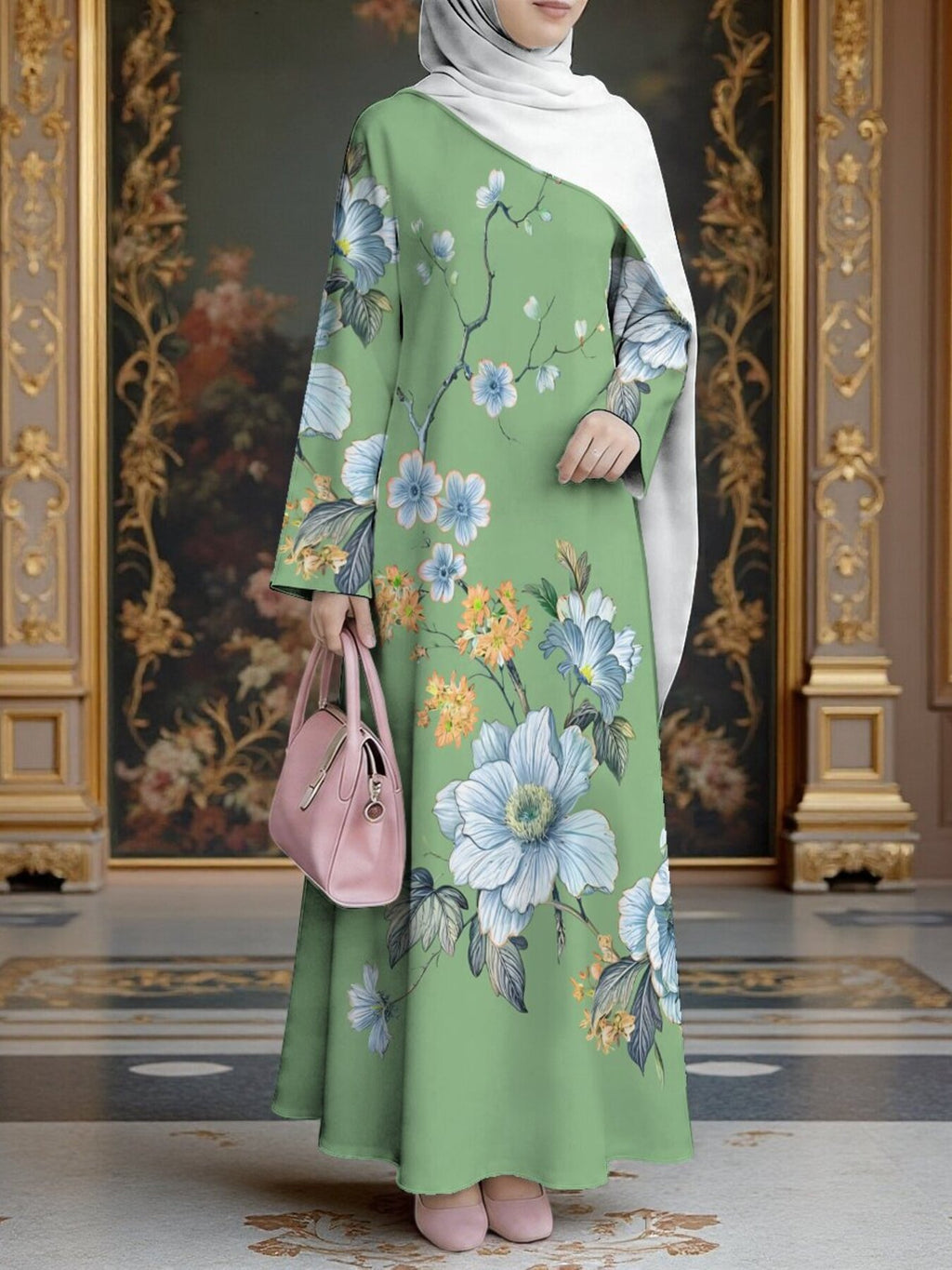 Women'S Hot Middle Eastern Style Muslim Elegant Robe, Light Green Blue White Abstract Floral Print Long Dress, Loose Long Sleeve Flared Skirt, Outdoor Prayer Holiday Gathering, Lightweight Comfortable Non-Embroidered Craft - Mixed colors