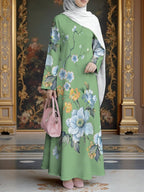 Women'S Hot Middle Eastern Style Muslim Elegant Robe, Light Green Blue White Abstract Floral Print Long Dress, Loose Long Sleeve Flared Skirt, Outdoor Prayer Holiday Gathering, Lightweight Comfortable Non-Embroidered Craft - Mixed colors
