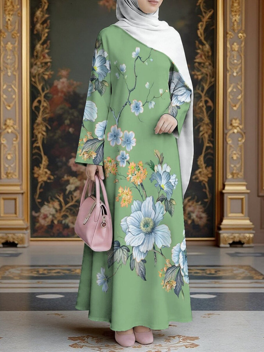 Women'S Hot Middle Eastern Style Muslim Elegant Robe, Light Green Blue White Abstract Floral Print Long Dress, Loose Long Sleeve Flared Skirt, Outdoor Prayer Holiday Gathering, Lightweight Comfortable Non-Embroidered Craft - Mixed colors