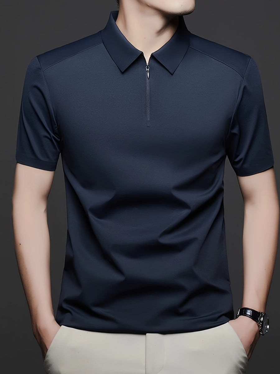 Men's Summer Lapel Polo Shirt, Fashionable and Versatile Light Luxury Zipper Top, Business Casual Breathable Short-Sleeve T-Shirt, Suitable for Daily Work Scenes - Navy Color