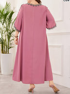 Elegant Long Dress with Round Neck, Embroidered Floral Decorations, And Three-Quarter Sleeves - Watermelon Red