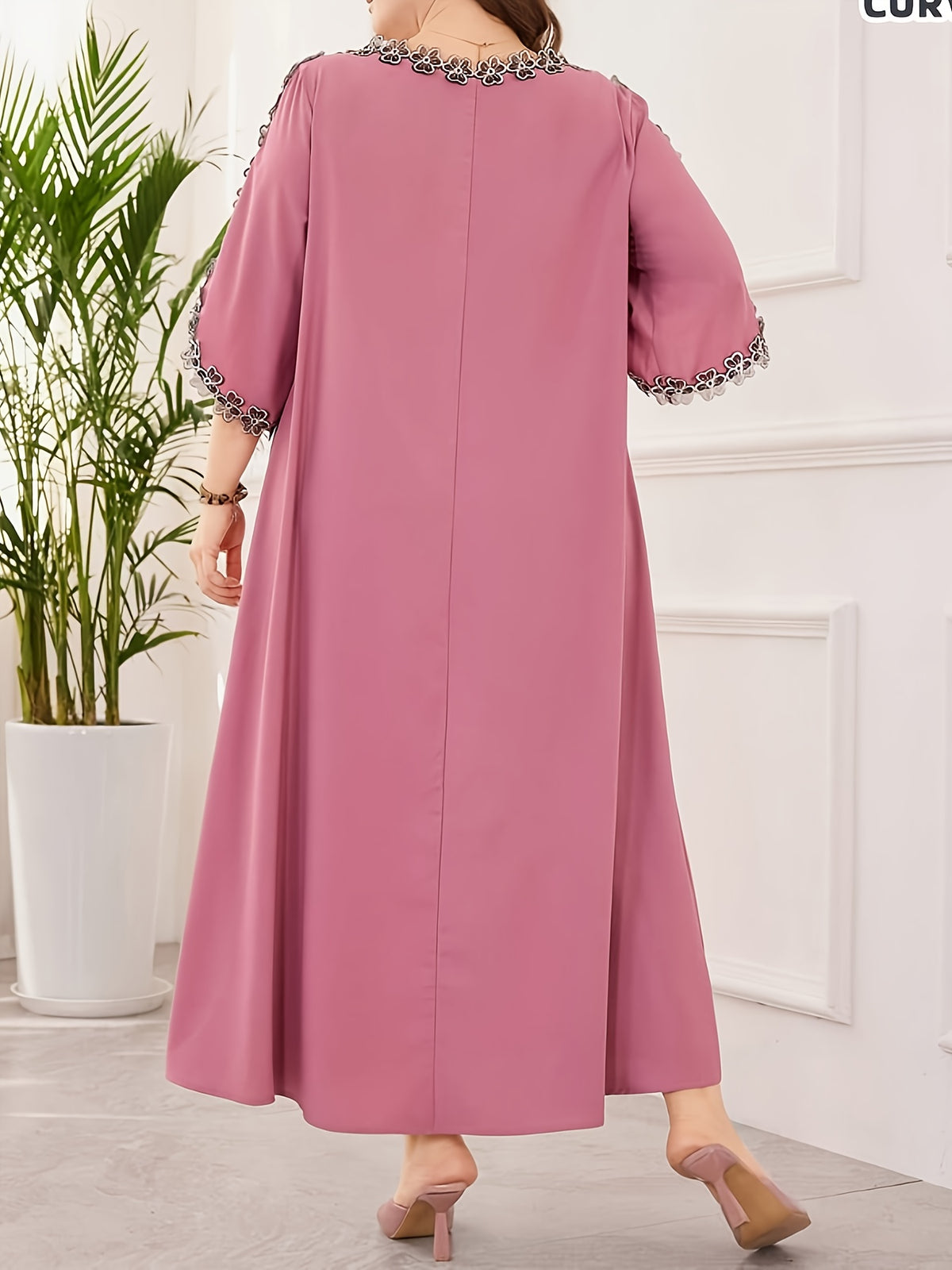 Elegant Long Dress with Round Neck, Embroidered Floral Decorations, And Three-Quarter Sleeves - Watermelon Red