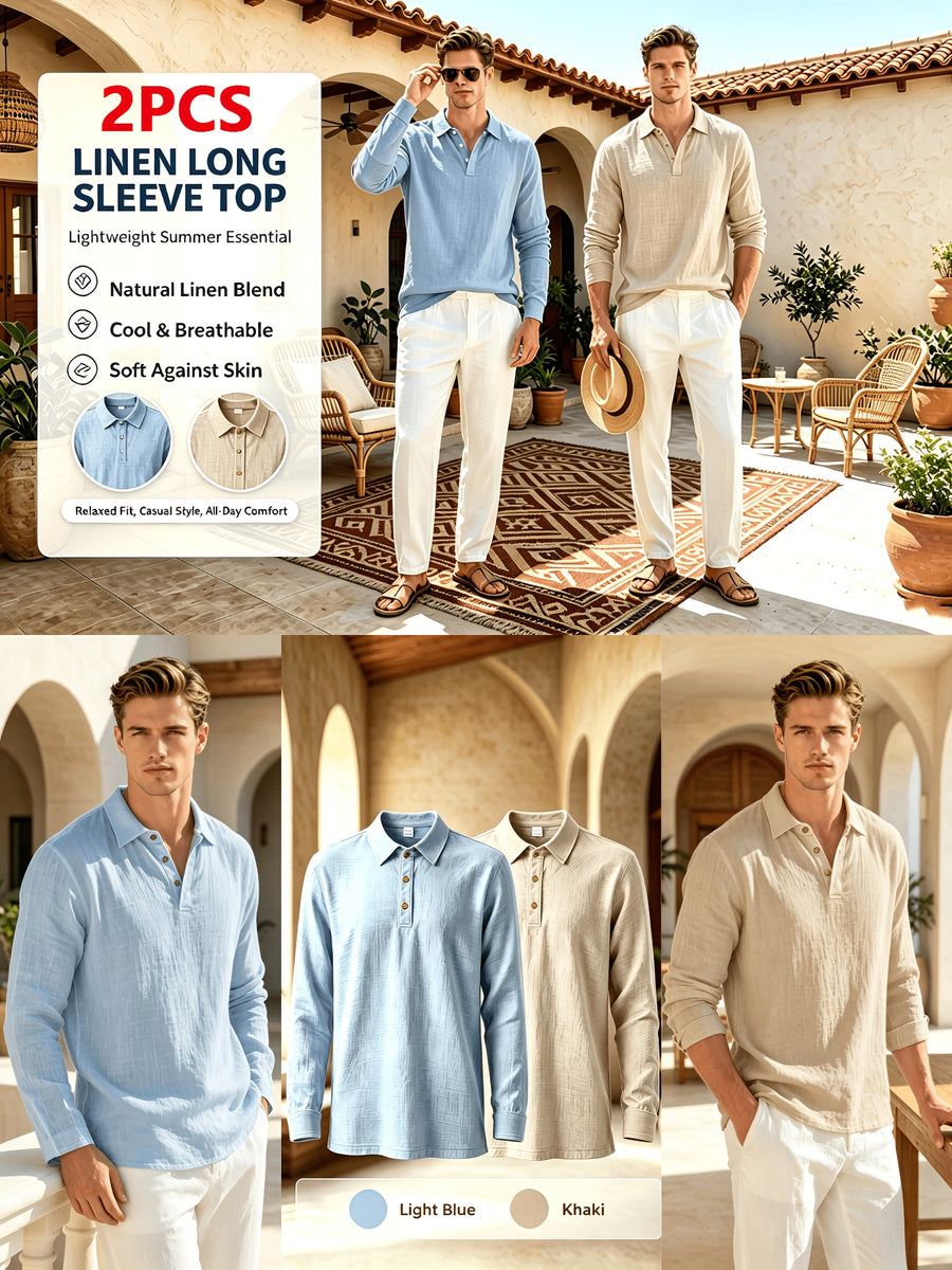 2pcs Autumn Linen Men's Long-Sleeve Polo Shirt, American-Style Loose Fit, Lightly Mature Style, Heavyweight T-Shirt for Daily Commuting, Spring, Autumn, and All Seasons - Light Blue+Khaki
