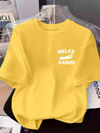 Front And Back Printed Women'S Fashion Base Print T-Shirt, Soft And Versatile, Casual Style Printed Pattern with RELAX HABIBI Lettering And Hand Gesture Design Printed Short Sleeve T-Shirt, Suitable for Casual Wear, Fashion All-Season Top - Bright Yellow
