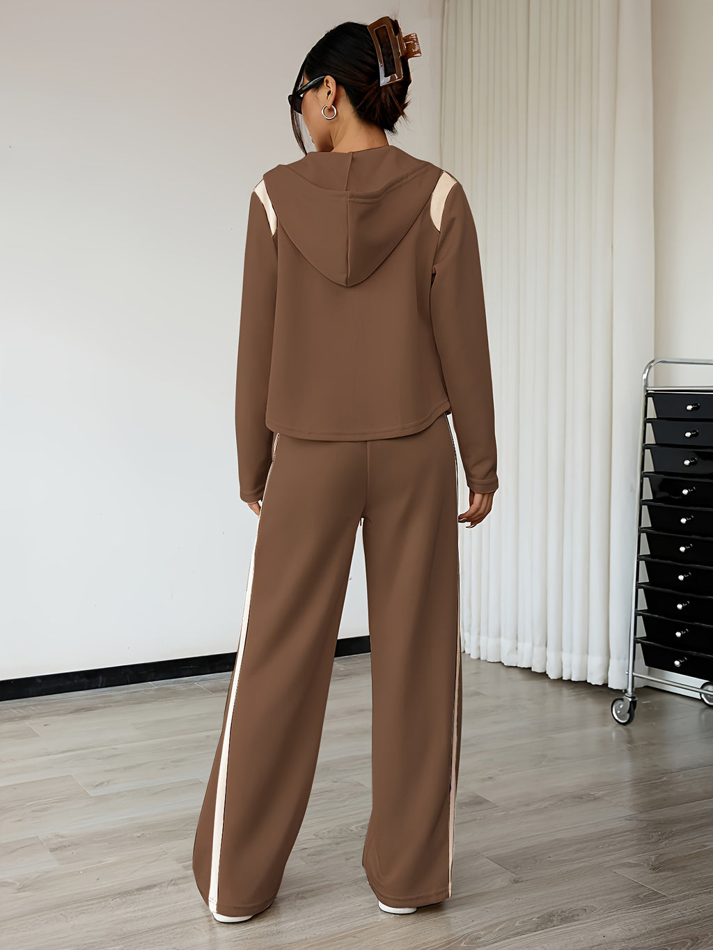 Women'S Suit Spring Long Sleeve Zipper Top And Straight Pants Ladies Autumn Casual Patchwork Two-Piece Set Women'S Clothing Elegant Contrast Hooded Drawstring Outfit - Coffee Color