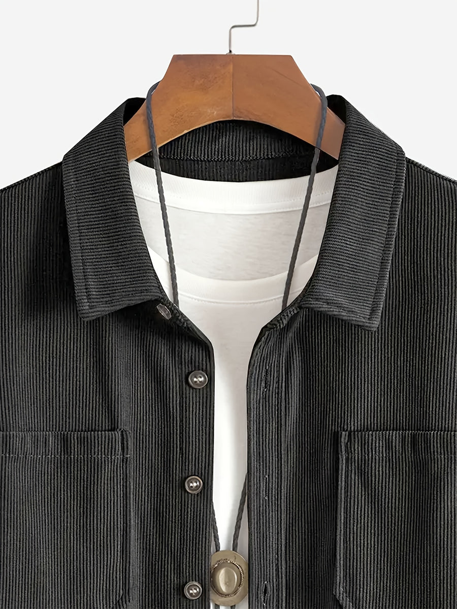 Men's Corduroy Shirt - American Retro Solid Color Long Sleeve Shirt for Men, Casual Wrinkle-Resistant Non-Iron Corduroy Shirt with Two Pockets, Trendy Versatile Corduroy Jacket for Sports, Outdoor, and Daily Wear. - Grey