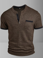 ROYALBOY Spring New Men's Casual Fashion Textured Two-Tone Striped Henley Shirt - Short Sleeve, Stand Collar, Suitable for Casual Outdoor Wear, Machine Washable, 100% Polyester Durable Wear-Resistant Fabric - Coffee Color