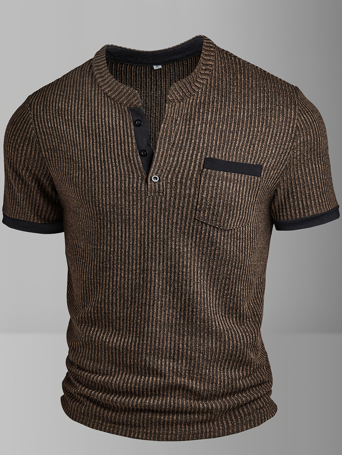 ROYALBOY Spring New Men's Casual Fashion Textured Two-Tone Striped Henley Shirt - Short Sleeve, Stand Collar, Suitable for Casual Outdoor Wear, Machine Washable, 100% Polyester Durable Wear-Resistant Fabric - Coffee Color