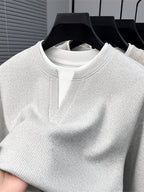 Spring And Autumn Men'S Pinstripe Knit Faux Two-Piece Sweatshirt Easy Small Lapel Fit Comfortable Skin-Friendly Casual Commuting Long Sleeve Pullover Sweater - 【Light Grey】