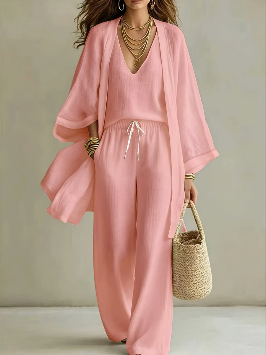 3pcs Set, Women's Spring/summer Vacation-style Loose Spaghetti Strap Tank Top with Cardigan and Loose Wide-leg Pants Casual Set, Elegant and Fashionable, Comfortable and Casual, Suitable for Commuting Wear - pink