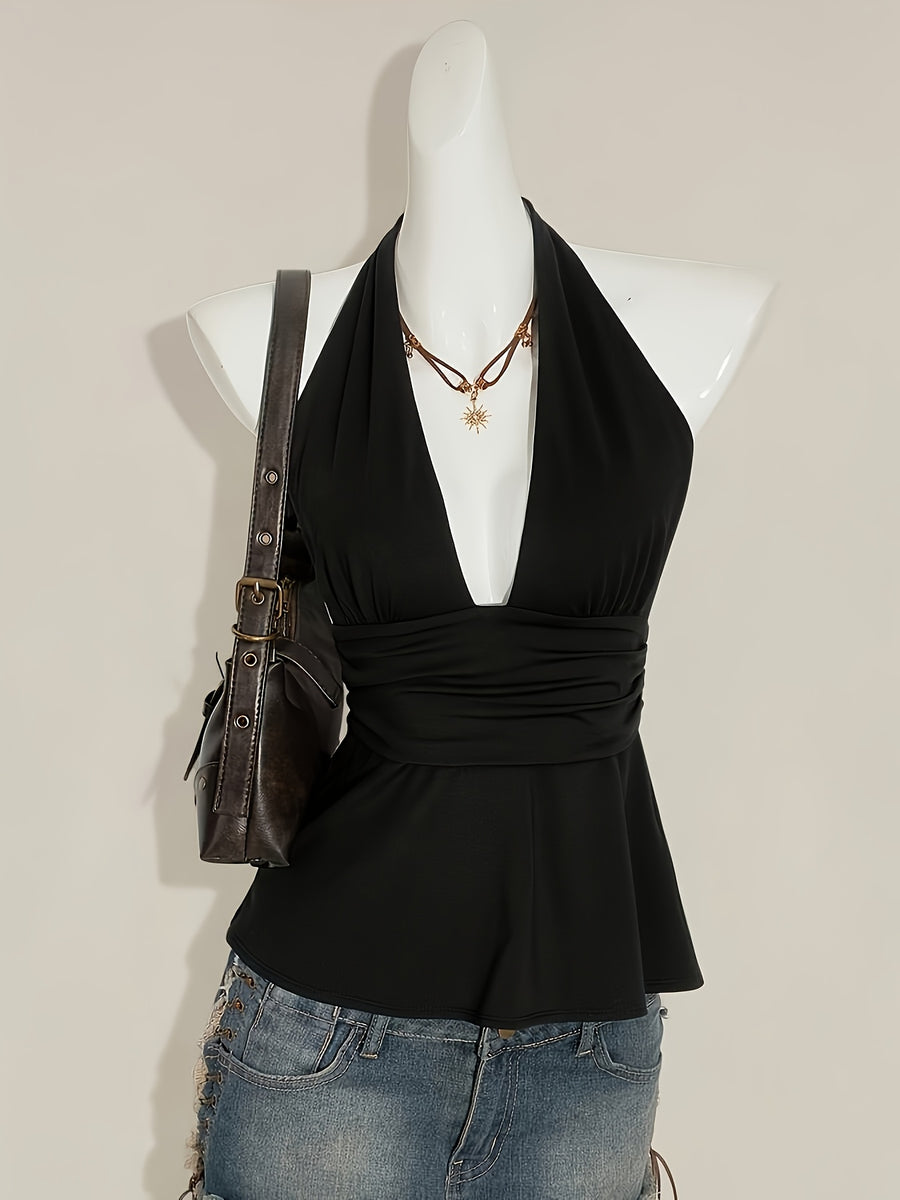 Women's Low-Neck Pleated Halter Neck Bow Backless Polka Dot Tank Top - Black