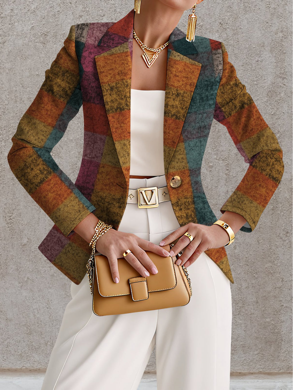 Autumn Women's Fashion, Outdoor Travel,  Clothing, Exquisite Patterns, Women's Tops, Contrasting Plaid Geometric Pattern Prints, Elegant Women's Autumn Skirts, Exquisite Women's Suit Jackets, - Mixed colors
