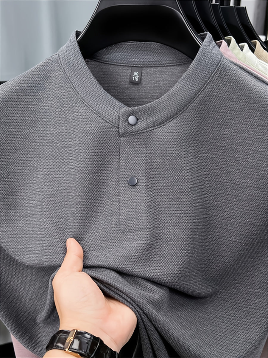 Men'S Henley Shirt Summer New Style, Solid Color Round Neck Top, Half-Button Placket, Button Closure Design, Layering with Thin Jacket, Versatile for Business Office, Golf Sports, Casual Outings, Short Trips, Father'S Day Gift, Men'S Gift - Grey