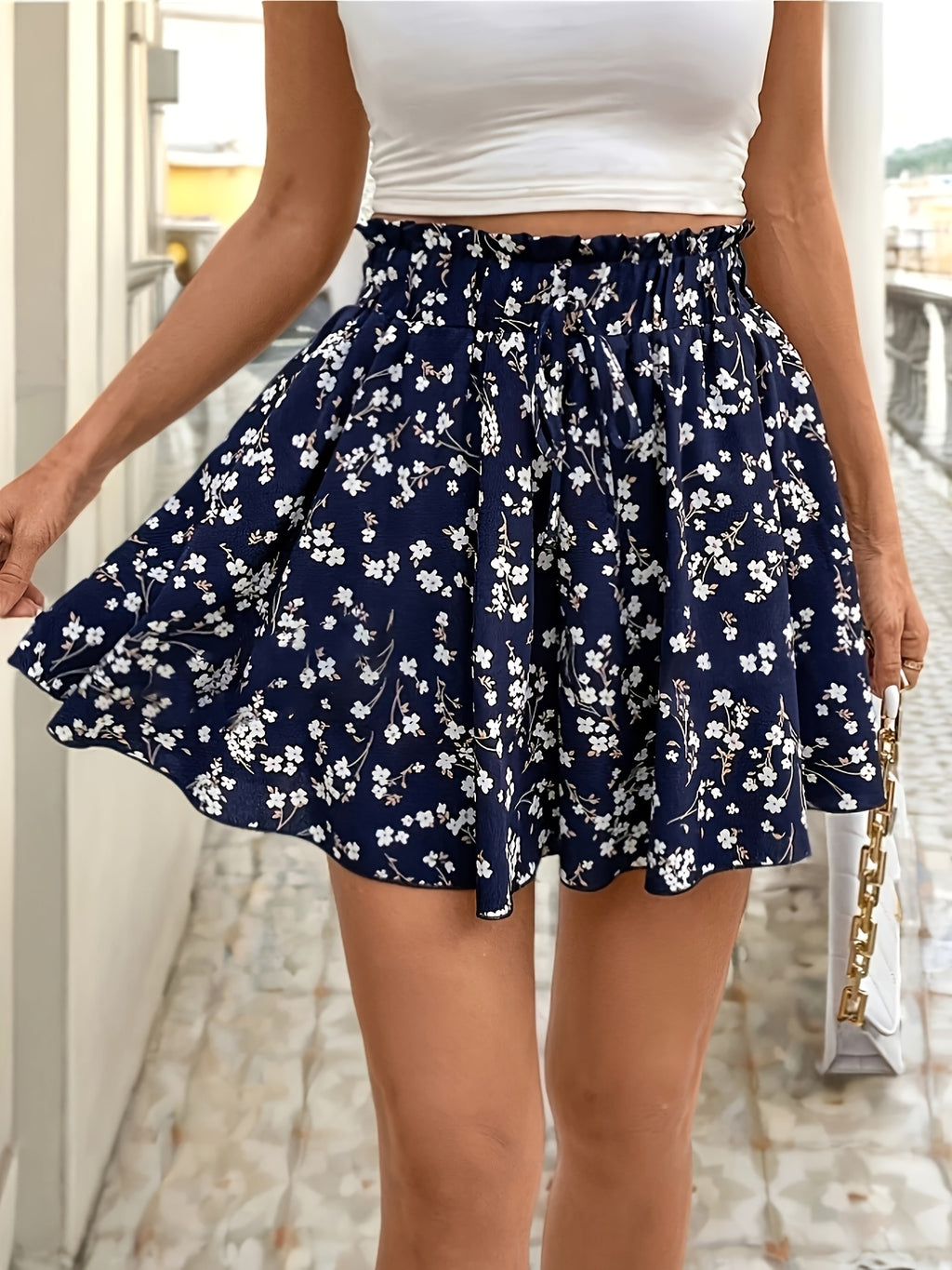 Women's Fashionable Printed Polyester- Stretch Shorts with a Faux Drawstring Design, Featuring a Casual High-waist Elastic Fit for Leisure and Vacation Wear - Multicolor