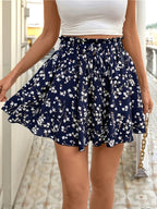 Women's Fashionable Printed Polyester- Stretch Shorts with a Faux Drawstring Design, Featuring a Casual High-waist Elastic Fit for Leisure and Vacation Wear - Multicolor