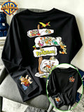 By Warner Bros., Featuring a Lively and Nostalgic Cartoon Print Design with Multiple Scenes of Road Signs, This Men's Comfortable 100% Pure Cotton Long Sleeved T-shirt Is Suitable for Outdoor Sports and Fitness - Black