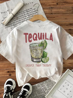 Double-Sided Printed T-Shirt, Exuding Fresh Summer Island Style, Featuring Tequila And Lemon Elements in The Design, Made for Women, Aiming for a Loose And Casual Wear Experience - White