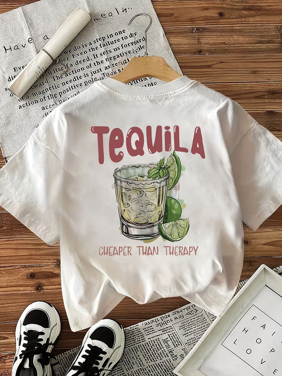 Double-Sided Printed T-Shirt, Exuding Fresh Summer Island Style, Featuring Tequila And Lemon Elements in The Design, Made for Women, Aiming for a Loose And Casual Wear Experience - White