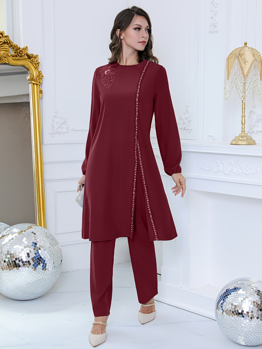 Women'S Sequined Flower Bead Embroidery Rhinestone Decorated Round Neck Long Sleeve Top with Drawstring Adjustable Pants, Elegant Business Fashion Design, Suitable for Festival Party Two-Piece Set - Burgundy