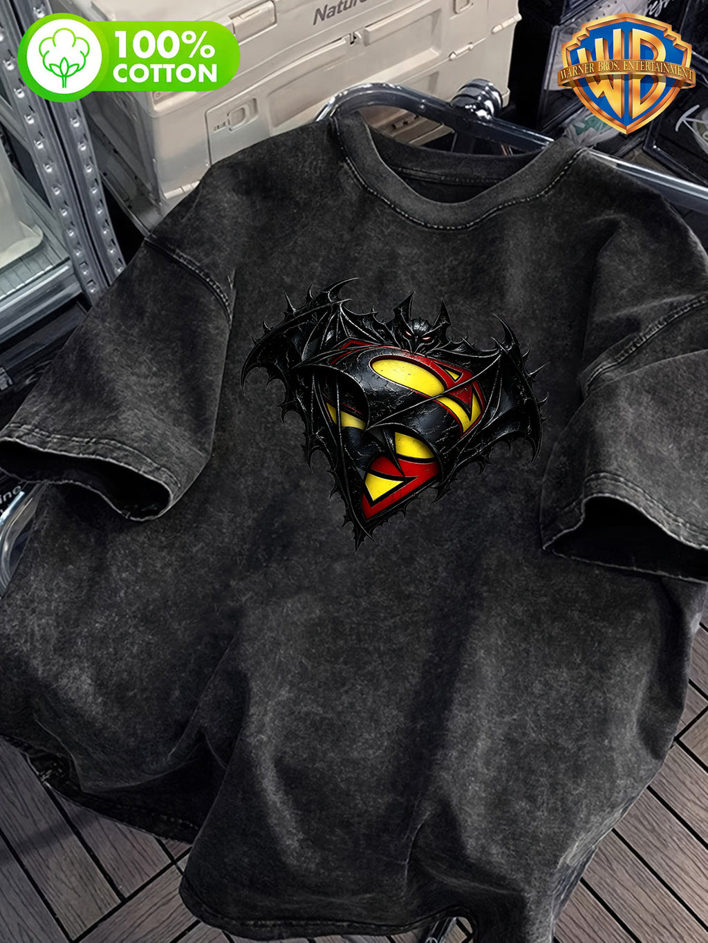 Warner Bros. Official 1pc Men's 100% Cotton Washed "Super Bat Fusion Dark Logo Vintage Washed Black Printed Short Sleeve T-Shirt" Casual Cotton Versatile Loose Summer Round Neck Short Sleeve, Suitable for Outdoor Sports, Daily Wear, Best Choice - Black