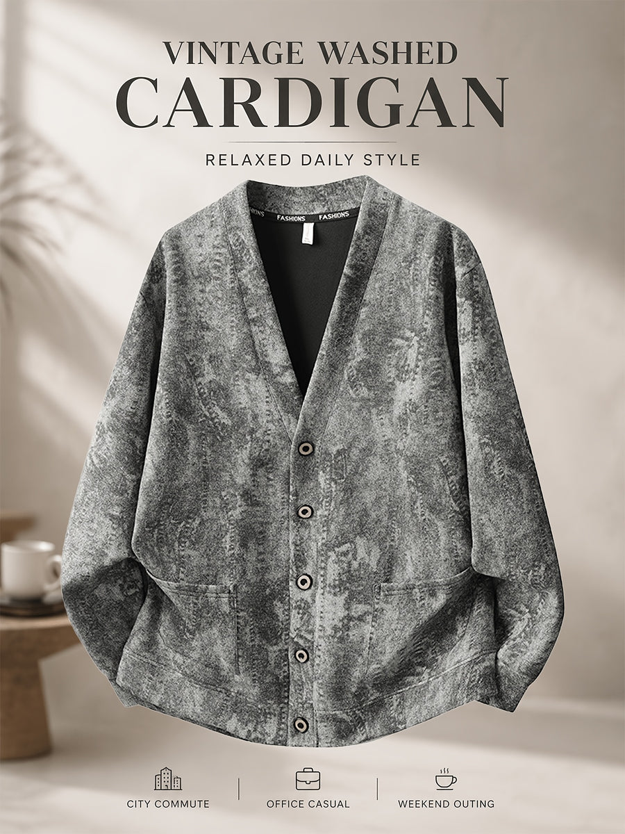 Men'S Vintage Distressed V-Neck Cardigan, Relaxed Retro Texture, Single-Button Closure for Easy Dressing, Double-Lined Pockets for Utility And Style, Perfect for Spring/Autumn Layering, Suitable for Commute, Casual Business, And Weekend Wear - Picture Color 1
