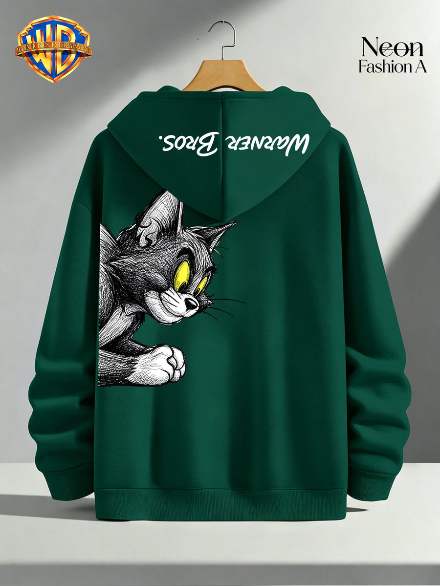 1pc Warner Bros. Cartoon Classic Couple's Sweatshirt, Unisex Long-Sleeve Top with Playful WB Anime Character Action Print on the Back, Trendy, Fashionable, Versatile, Streetwear, Comfortable, and Casual Outerwear, Chinese National Trend - Men-Green