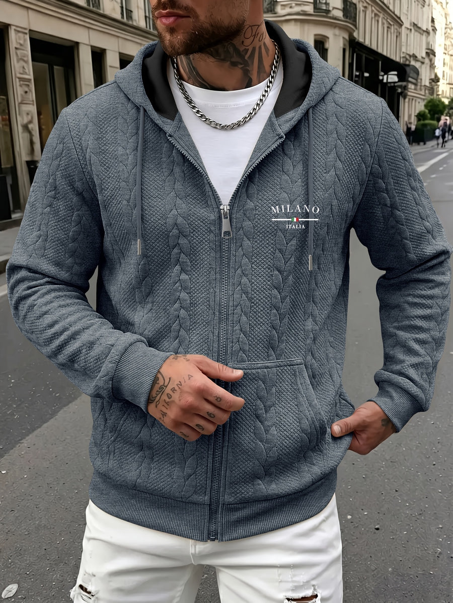 Autumn Winter Men'S Thick Jacquard Long Sleeve Cardigan Hoodie, Comfortable Warm Fabric with Trendy Print, Suitable for Daily Outings, Outdoor Sports, Travel, And Vacation, Lightweight Comfortable Regular Fit, Ideal for Beach, Hiking, Evening Wear - Dark Gray