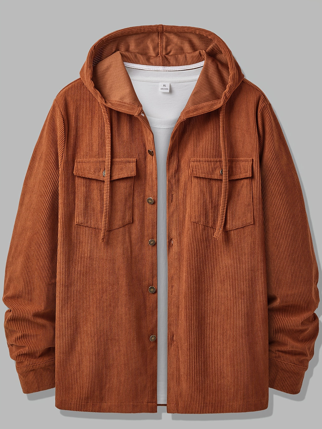 Men's Fashion Jacket, Hooded Corduroy Shirt Jacket with Drawstring Pockets, Vintage Workwear Jacket, Regular Fit for Autumn/Winter, Commuting, Outings, Parties, and Casual Wear Winter Clothes for Men - Rust