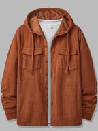 Men's Fashion Jacket, Hooded Corduroy Shirt Jacket with Drawstring Pockets, Vintage Workwear Jacket, Regular Fit for Autumn/Winter, Commuting, Outings, Parties, and Casual Wear Winter Clothes for Men - Rust