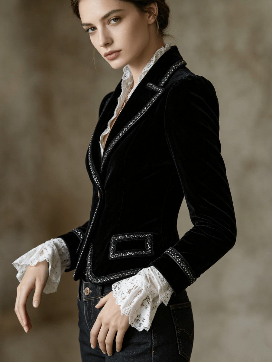 Women'S Vintage Single-Button Blazer, Waist-Defining Slim Fit, Casual Commute, Metal Button - Black