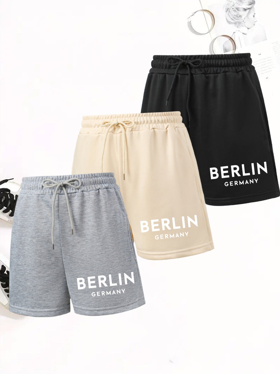 3pcs Women's Elegant Casual Jogger Shorts - English Letter Print, Drawstring Loose Fit Summer Vacation Pants, Machine Washable - Black+apricot+grey