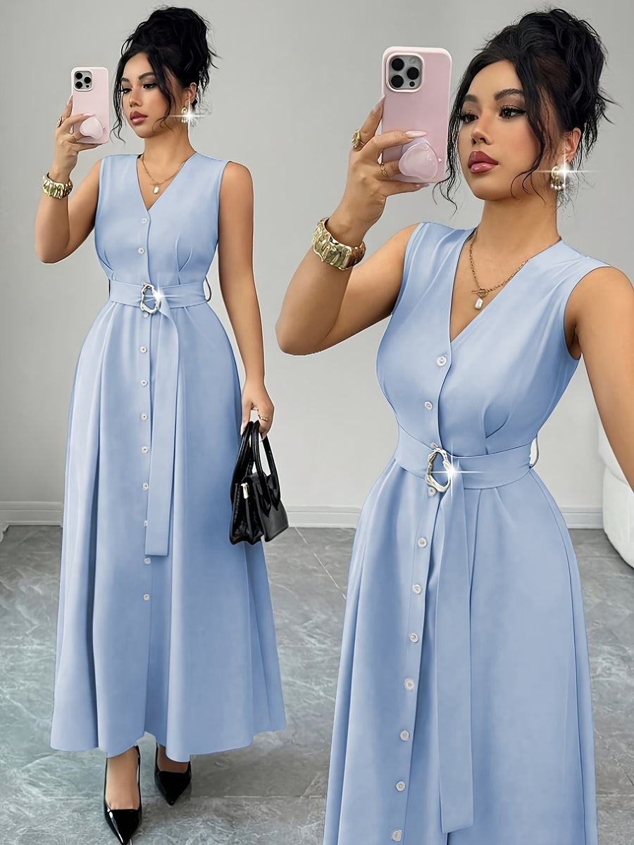 New Women's Sleeveless V-Neck Cardigan with Metal Rings, Elegant Slim-Fit Long Bridesmaid Dress, Versatile for Commuting, Parties, and Music Festivals - Blue