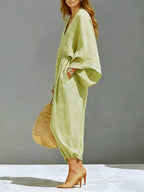 Women's Elegant and Fashionable V-Neck Loose Solid Color Jumpsuit, Women's Summer Clothing, New Summer Women's Apparel, High-Quality Women's Wear, Elegant Women's Clothing, Casual Women's Wear, Women's Loose Pants, Women's Jumpsuit, Women's Romper - Matcha Color