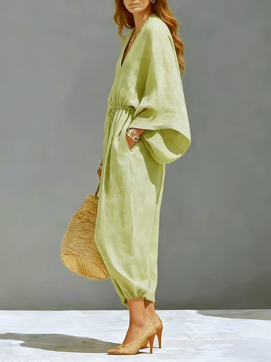 Women's Elegant and Fashionable V-Neck Loose Solid Color Jumpsuit, Women's Summer Clothing, New Summer Women's Apparel, High-Quality Women's Wear, Elegant Women's Clothing, Casual Women's Wear, Women's Loose Pants, Women's Jumpsuit, Women's Romper - Matcha Color