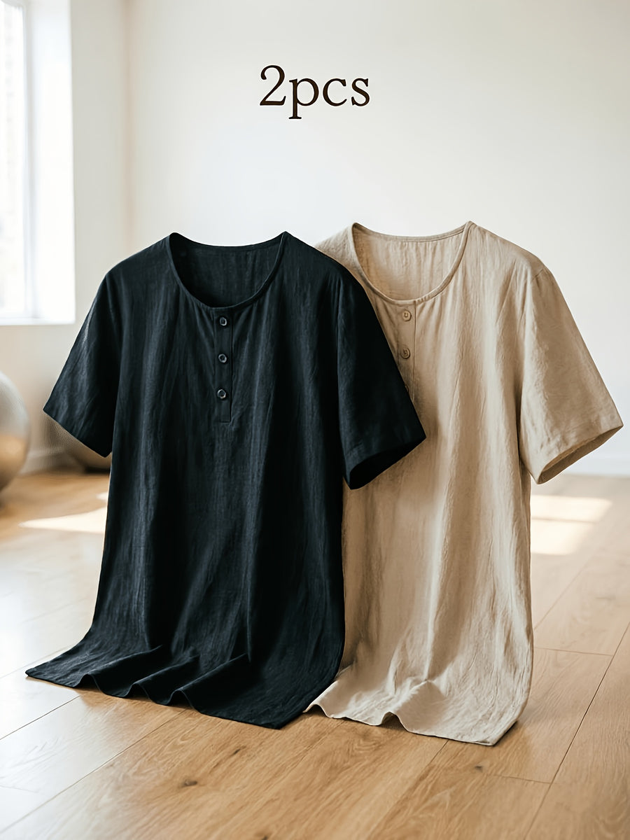 Summer Men's Linen Henley T-Shirts 2pcs, Loose Fit Short Sleeve Casual Tee, Breathable Lightweight Basic Tops for Daily Commute & Home Wear, Simple Versatile Design for Multi-Occasion. - Black+khaki