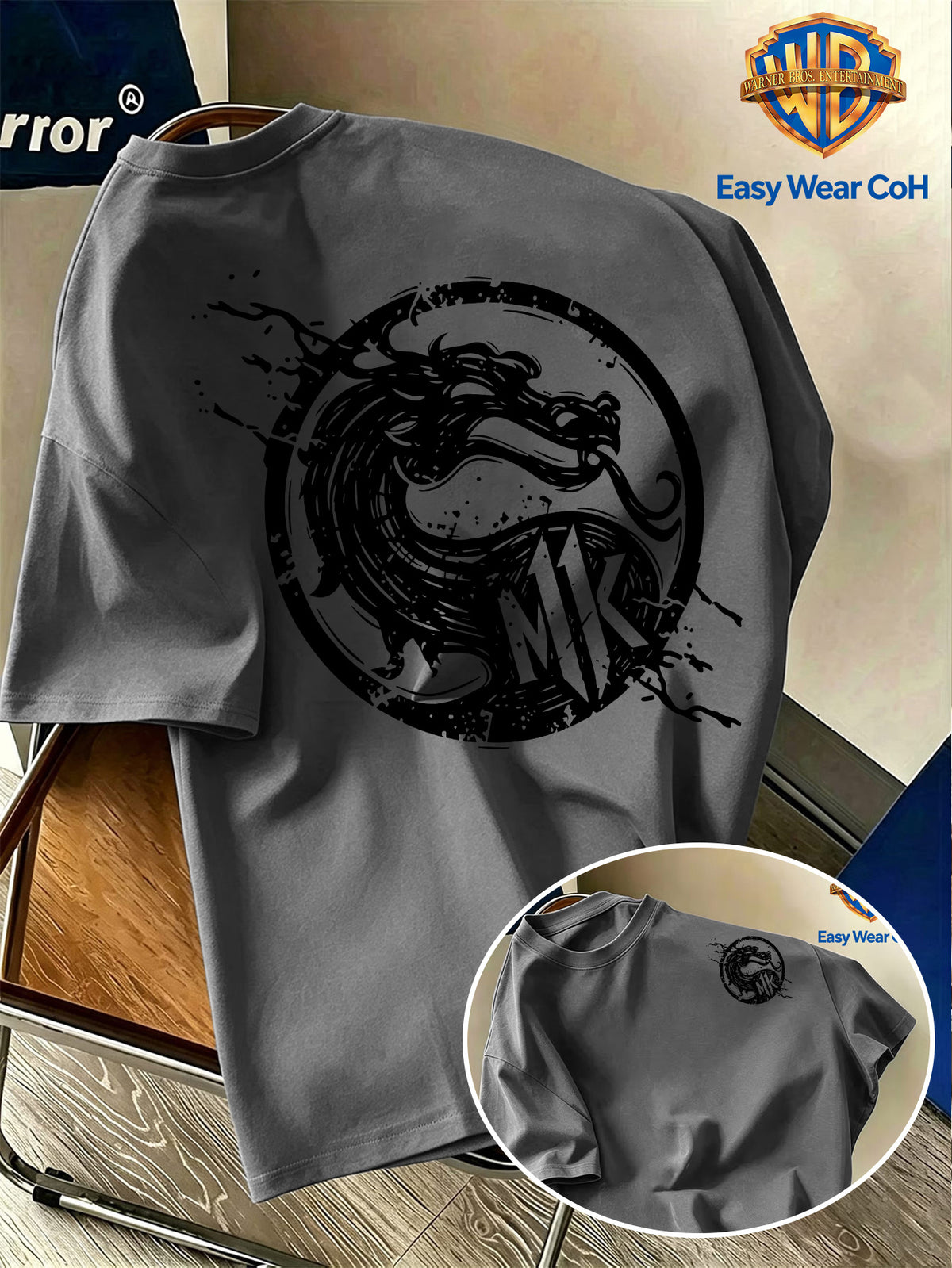 Warner Bros. Official Men's Double-Sided Front and Back Print Short-Sleeve T-Shirt, Featuring a Hand-Drawn Sketch Dragon Logo with a Splatter Ink Creative Design. The Handwritten Scrawl Lines Create a Rich Atmospheric Feel. The Fabric Is Breathable - Dark Gray
