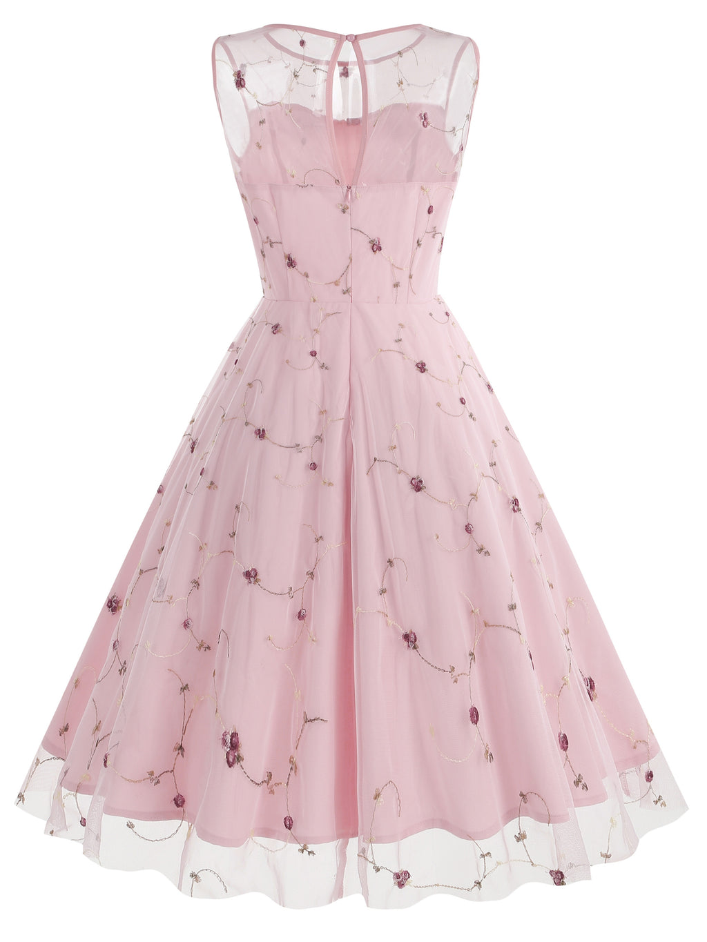 Women's Round Neck Sleeveless Mesh Embroidered Dress for Vacation, Elegant Gatherings, Parties, Floral Wedding Season, Back-to- Season, and Dates - Pink Color