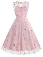 Women's Round Neck Sleeveless Mesh Embroidered Dress for Vacation, Elegant Gatherings, Parties, Floral Wedding Season, Back-to- Season, and Dates - Pink Color