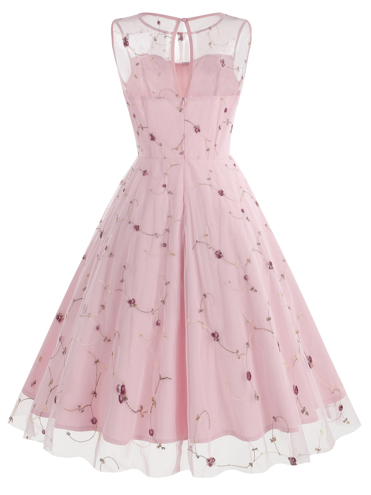 Women's Round Neck Sleeveless Mesh Embroidered Dress for Vacation, Elegant Gatherings, Parties, Floral Wedding Season, Back-to- Season, and Dates - Pink Color