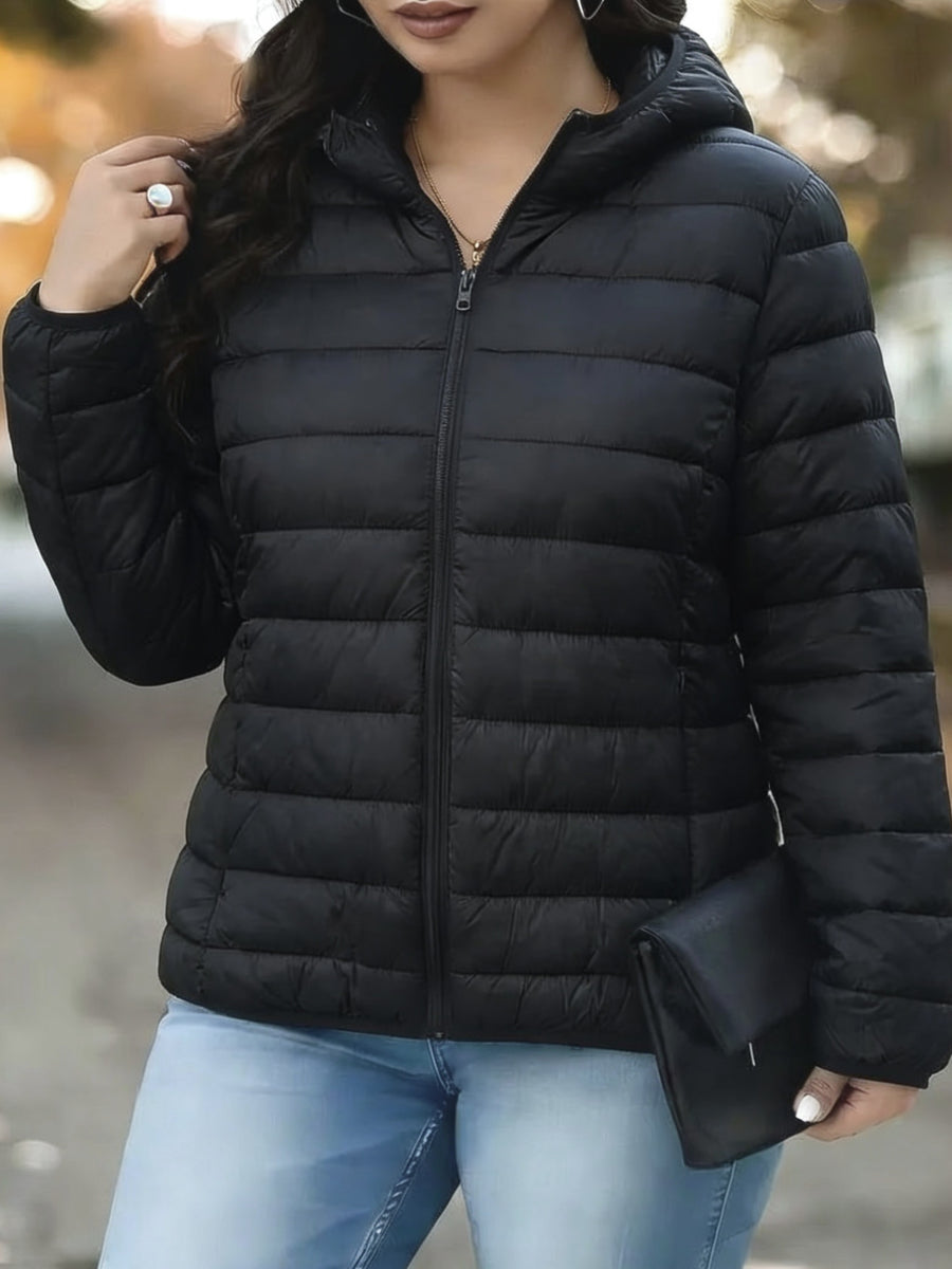 Spring, Autumn, Winter Women's Padded Coat, Fall/Winter Women's Apparel, Hooded Design, Full Zip Front, New Year, Valentine's Day, Popular Korean Top, Suitable for Office, Commuting, Shopping, Simple Outerwear, Coat for Petite Women, High-Quality - Black