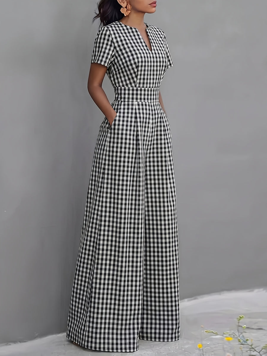 2026 Spring Summer New Plaid V-Neck Short Sleeve Jumpsuit Women'S High-Waist Wide-Leg Straight Long Pants, Women'S Commute Casual Two-Wear Jumpsuit, High-Waist Waist-Cinching Design with Flowing Wide-Leg Trousers - Black And White Color