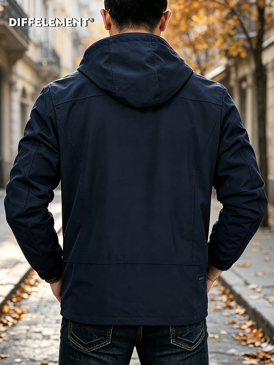 Men'S Drawstring Removable Hooded Utility Jacket, Wrinkle-Resistant Breathable Durable Woven Fabric, Fitted Short Length Spring Autumn City Commute Hiking Style, Autumn Street Outdoor Multi-Scene Wear, Orange Zipper Contrast Pocket - Dark Blue