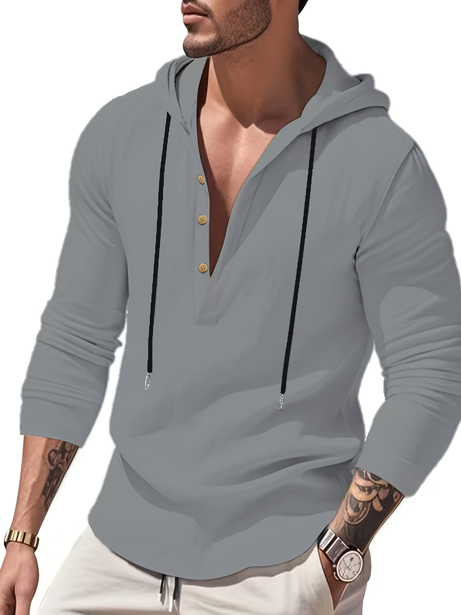 Men'S Linen Hooded Drawstring Henley Shirt Breathable Skin-Friendly Anti-Wrinkle Drape Daily Commute/Outdoor Leisure/Light Exercise Drawstring Hood And Button-Up Placket Loose All-Match Multi-Color Optional - Grey