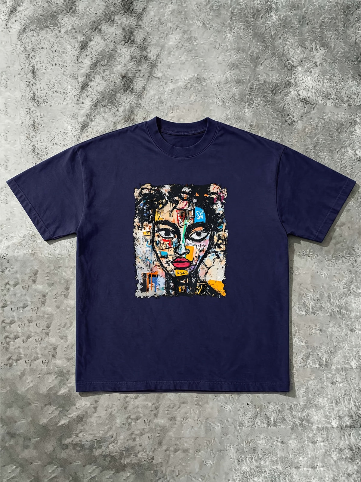 1990S Art Style Abstract Graffiti T-Shirt, Unisex, Men'S Soft Round Neck Pure T-Shirt, Street Trendy Casual Half Sleeve Top, Summer Casual Commuting - Navy Color