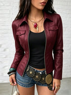 Women's Elegant PU Jacket, Fashionable Casual Solid Color Zipper Slim-Fit Jacket for Daily Wear - Burgundy