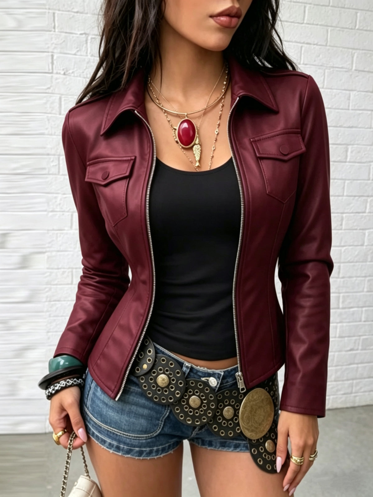 Women's Elegant PU Jacket, Fashionable Casual Solid Color Zipper Slim-Fit Jacket for Daily Wear - Burgundy
